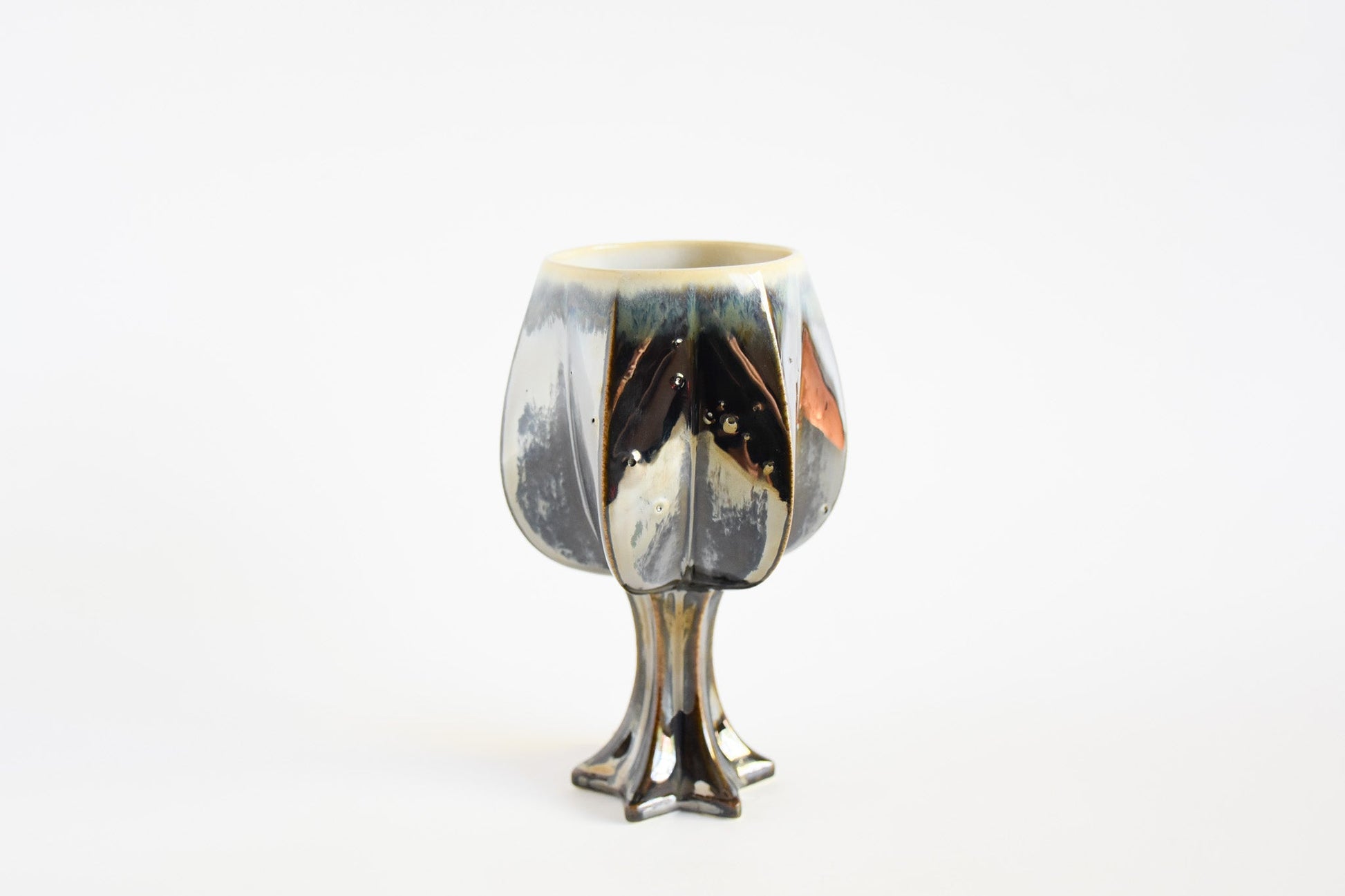 Handmade ceramic kiddush cup titled 'Stemmed Kiddush Cup - Rainbow' – modern Judaica by Feldi Studios