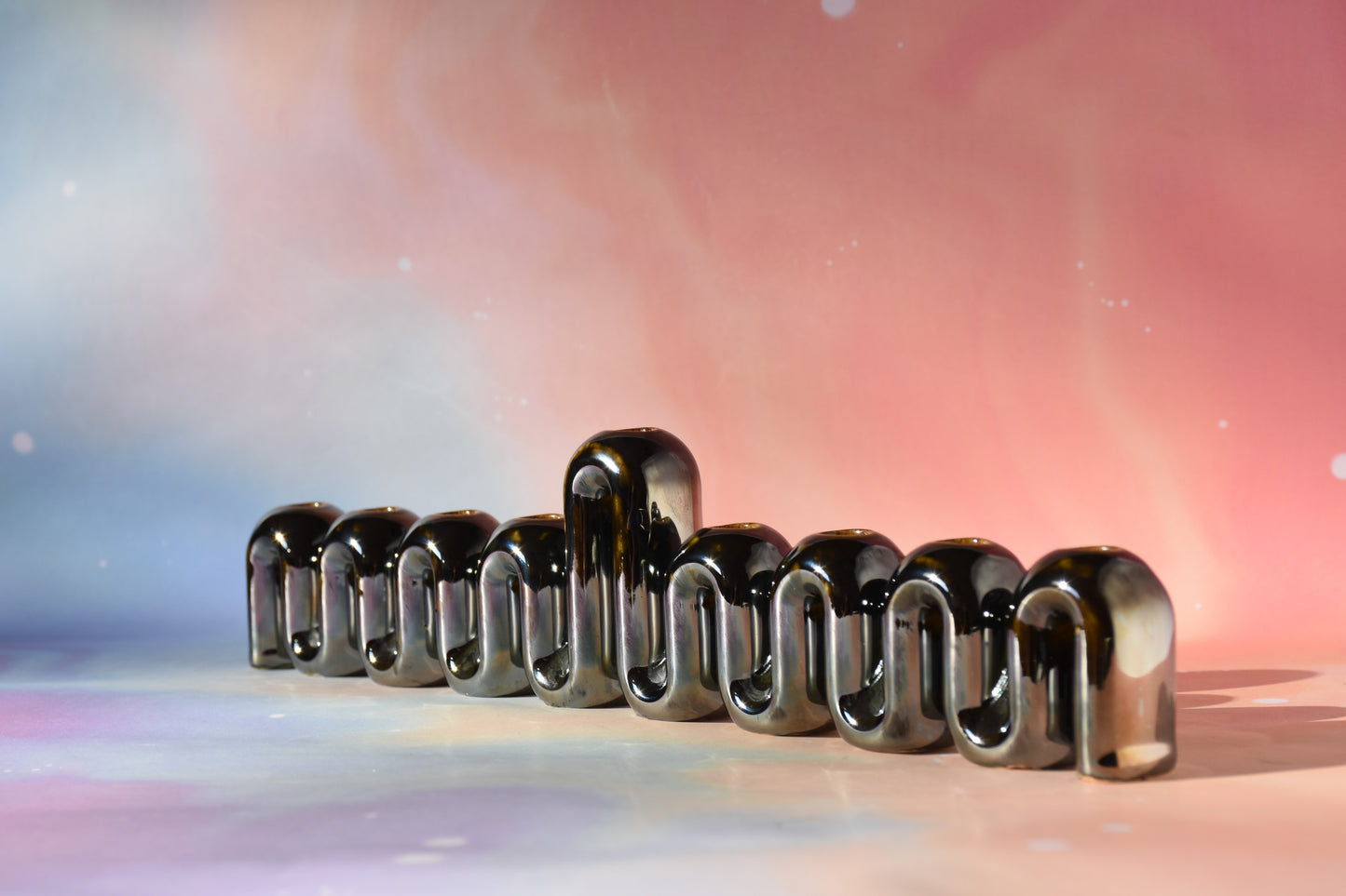 Handmade ceramic menorah titled 'Hanukkah Menorah - Chrome' – modern Judaica by Feldi Studios