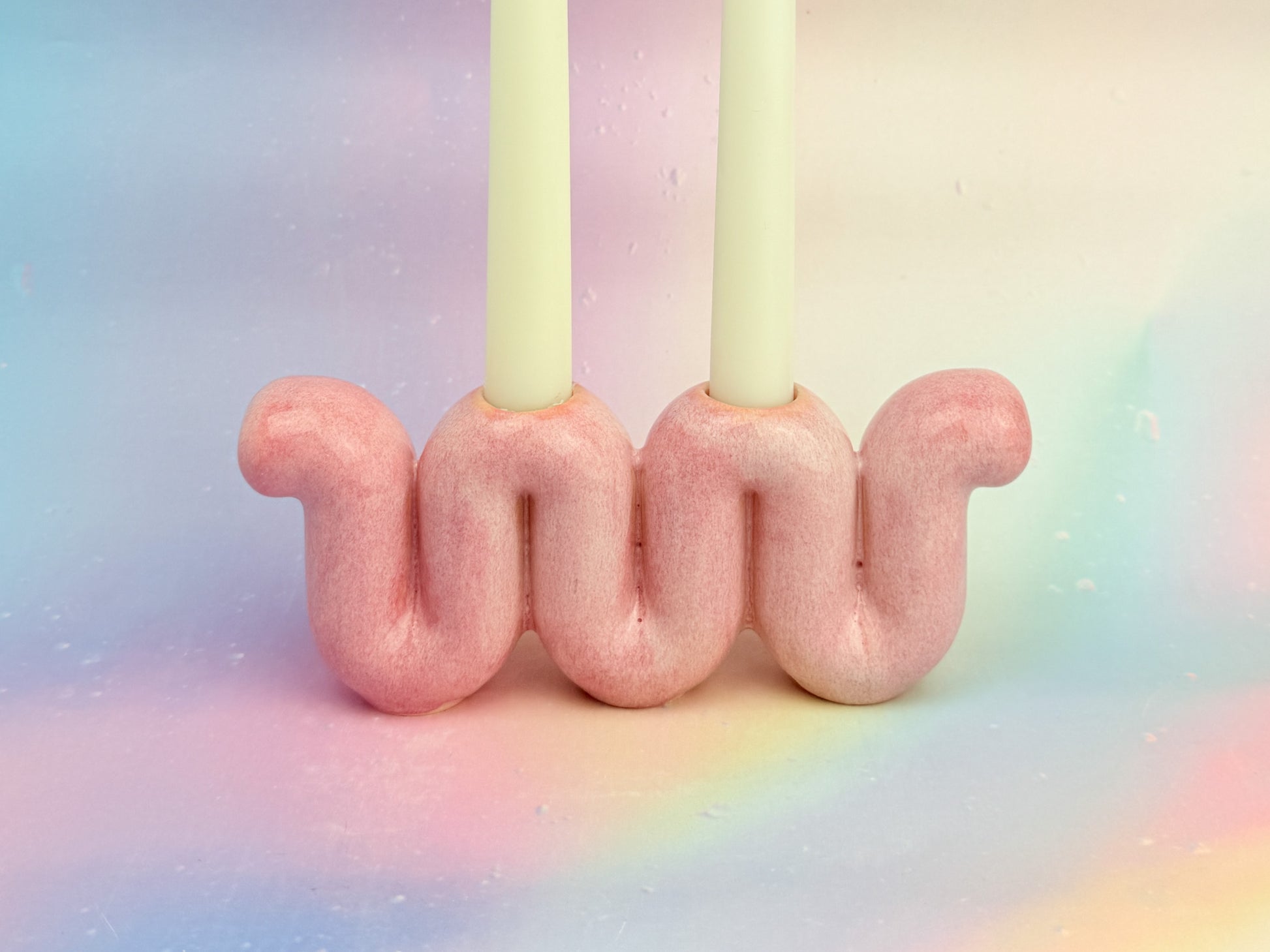 Handmade ceramic candle holders titled 'Candelabra - Pink' – modern Judaica by Feldi Studios