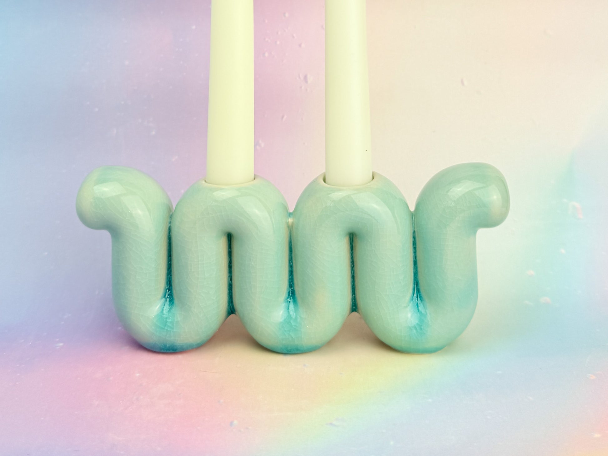 Handmade ceramic candle holders titled 'Candelabra - Sea Glass' – modern Judaica by Feldi Studios