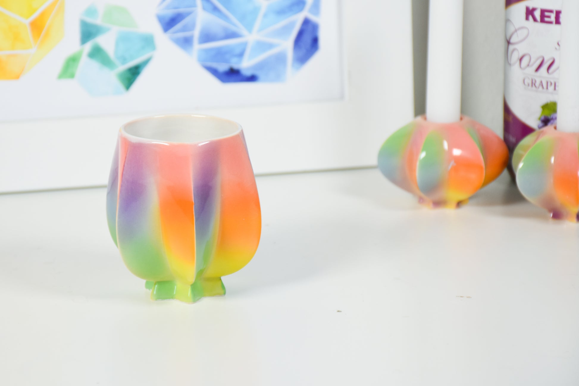 Handmade ceramic kiddush cup titled 'Pom Kiddush Cup - Rainbow #2' – modern Judaica by Feldi Studios