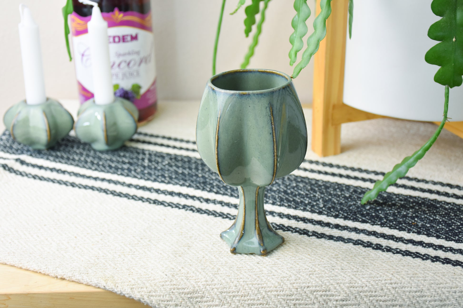 Handmade ceramic kiddush cup titled 'Stemmed Kiddush Cup - Washed Denim' – modern Judaica by Feldi Studios