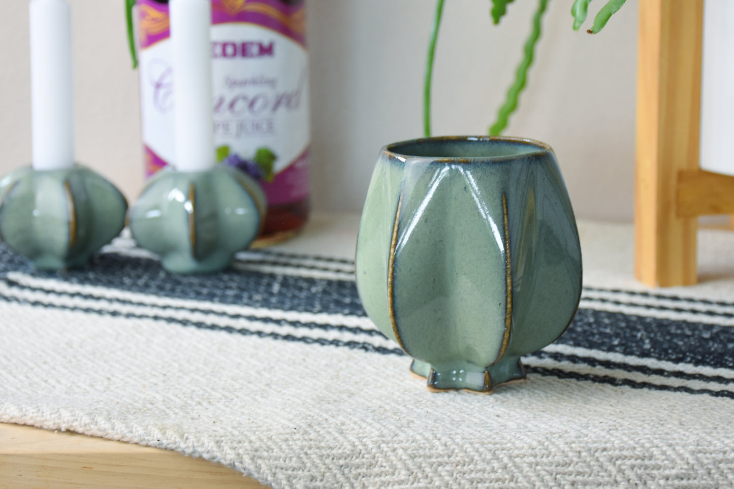 Handmade ceramic kiddush cup titled 'Pom Kiddush Cup - Washed Denim' – modern Judaica by Feldi Studios
