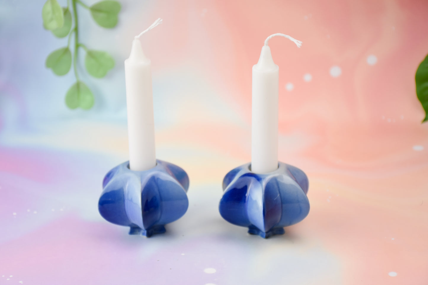 Handmade ceramic shabbat candle titled 'Shabbat Candle Pair - Blue Fade' – modern Judaica by Feldi Studios