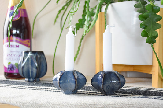 Handmade ceramic shabbat candle titled 'Shabbat Candle Pair - Dark Denim' – modern Judaica by Feldi Studios