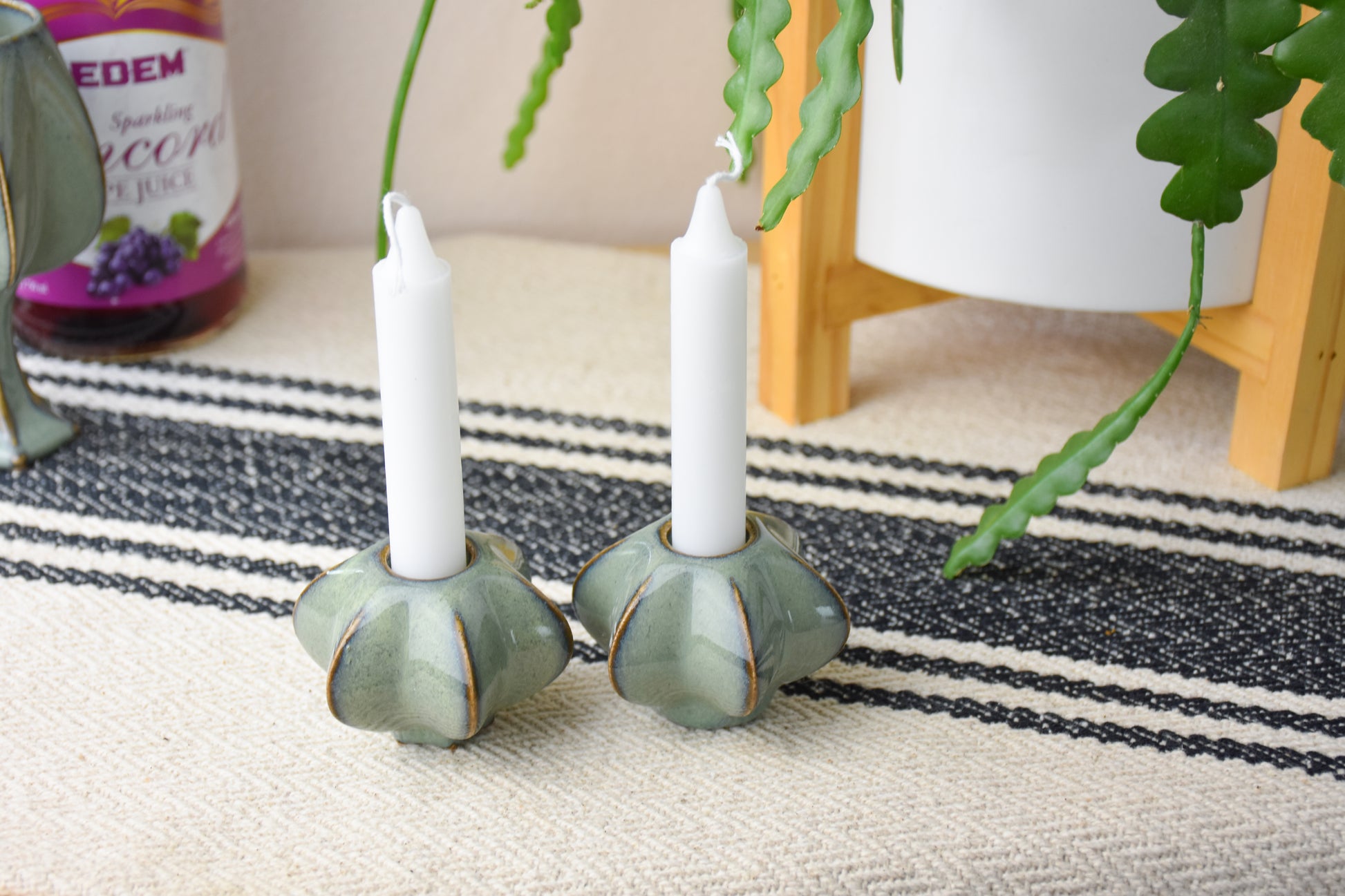 Handmade ceramic shabbat candle titled 'Shabbat Candle Pair - Washed Denim' – modern Judaica by Feldi Studios