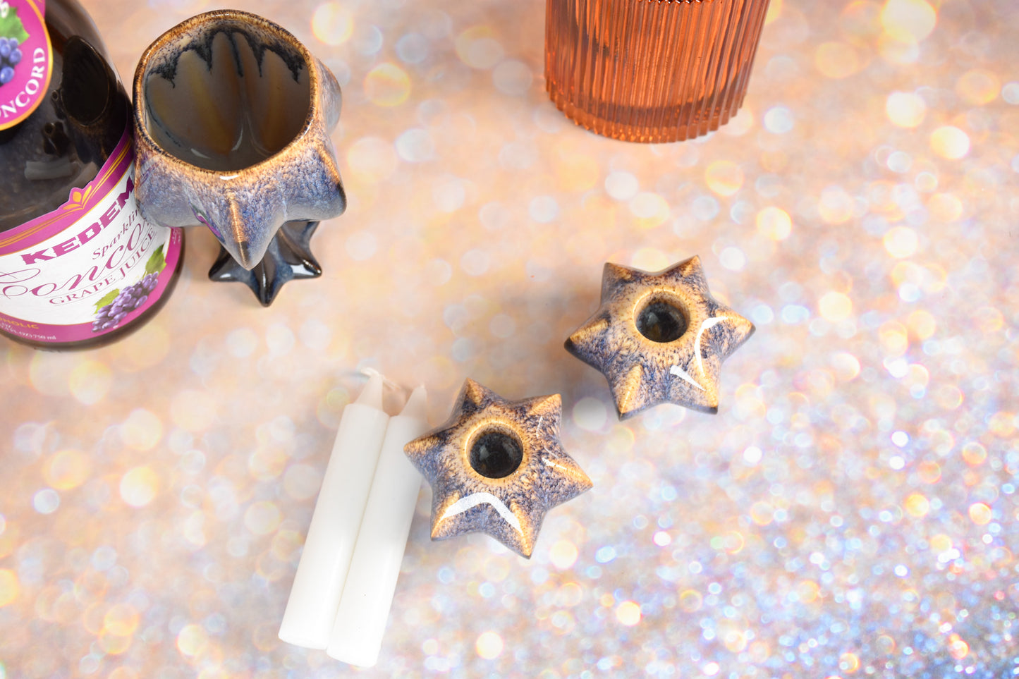 Shabbat Candle Pair - Gold and Blue