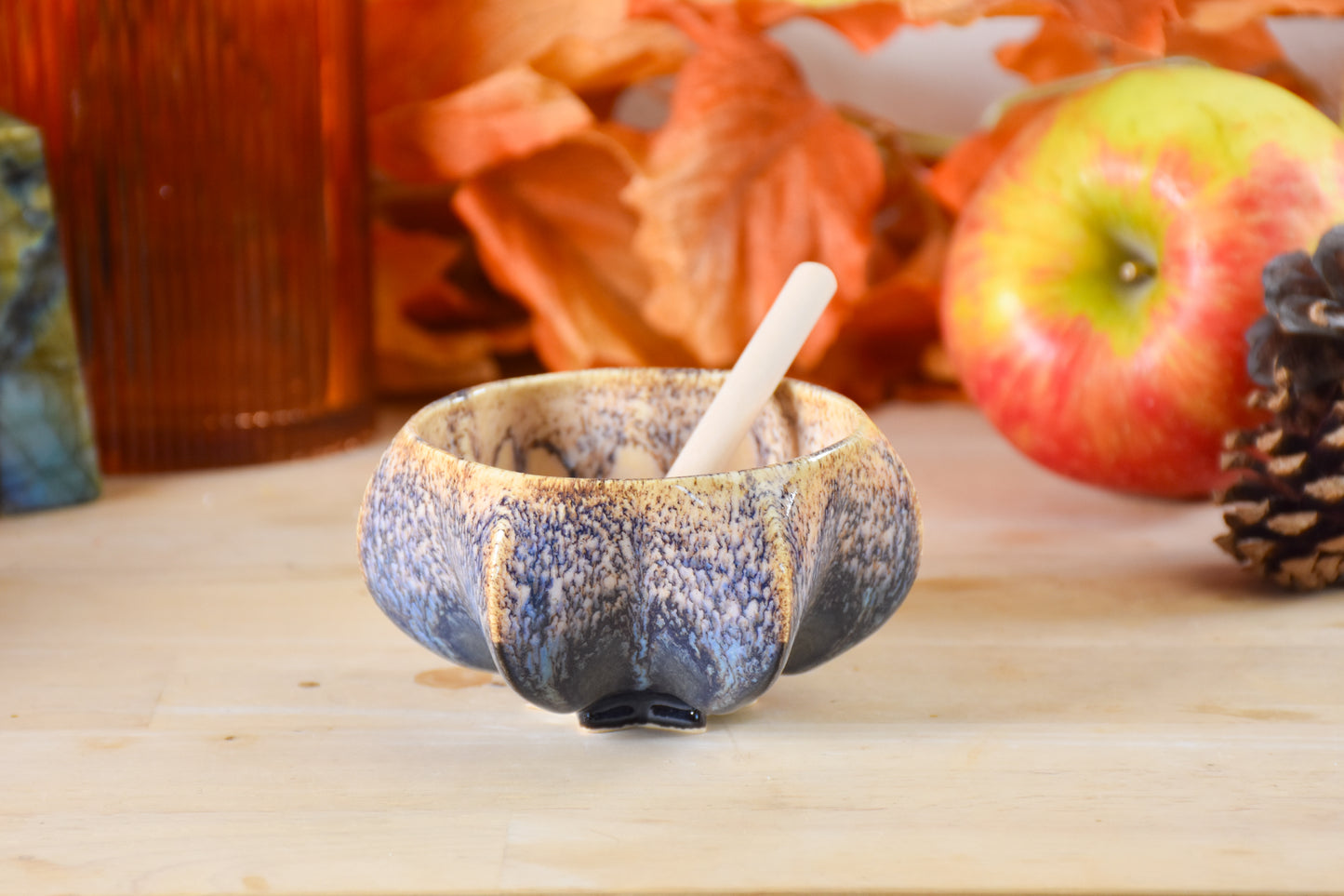 Pom Honey Pot – handmade ceramic Rosh Hashanah honey dish - Blue and gold