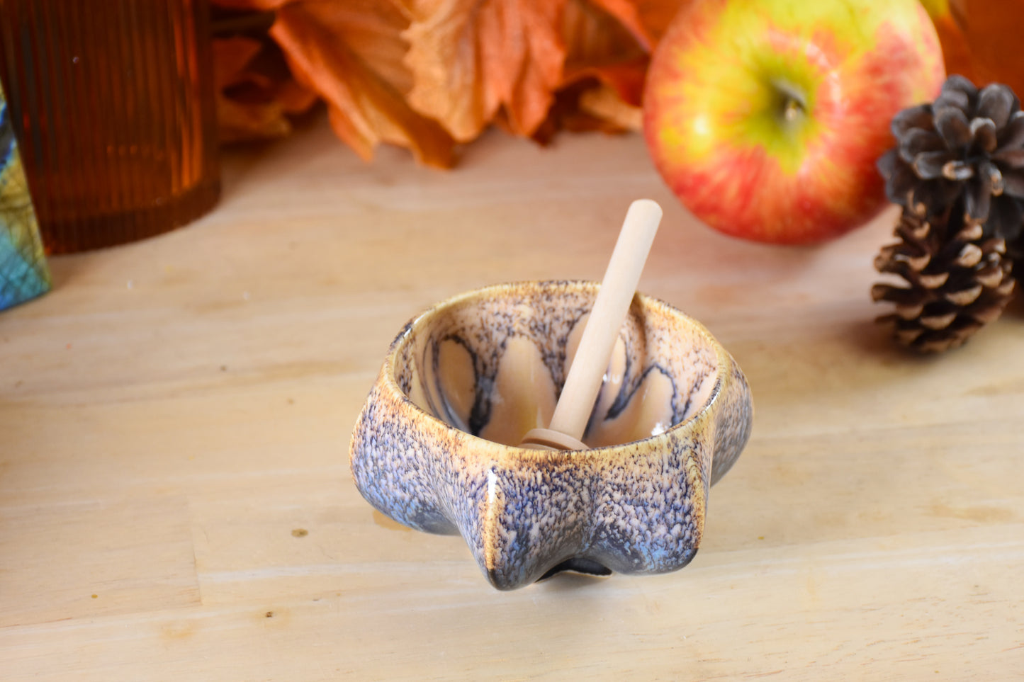 Side view of pom honey pot - pomegranate inspired judaica for the jewish new year.