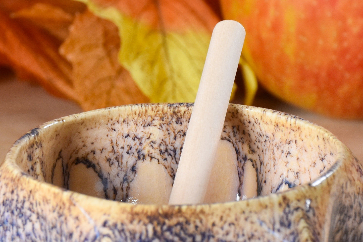 Pom Honey Pot blue and gold glaze detail on the inside of the Rosh Hashana honey pot.