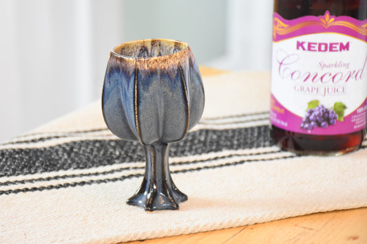 Stemmed shabbat kiddush cup - handmade modern kiddush cup for shabbat in blue and gold glaze. 