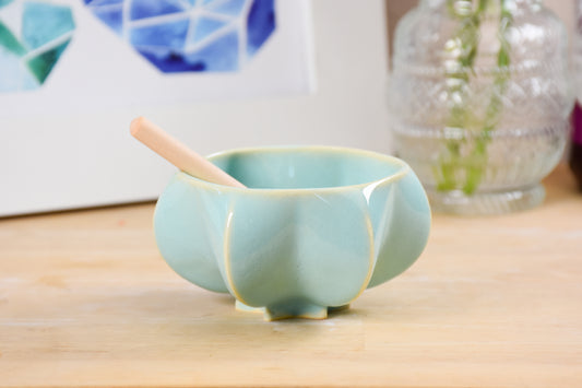 Pom Honey Pot – handmade ceramic Rosh Hashanah honey bowl in copper blue