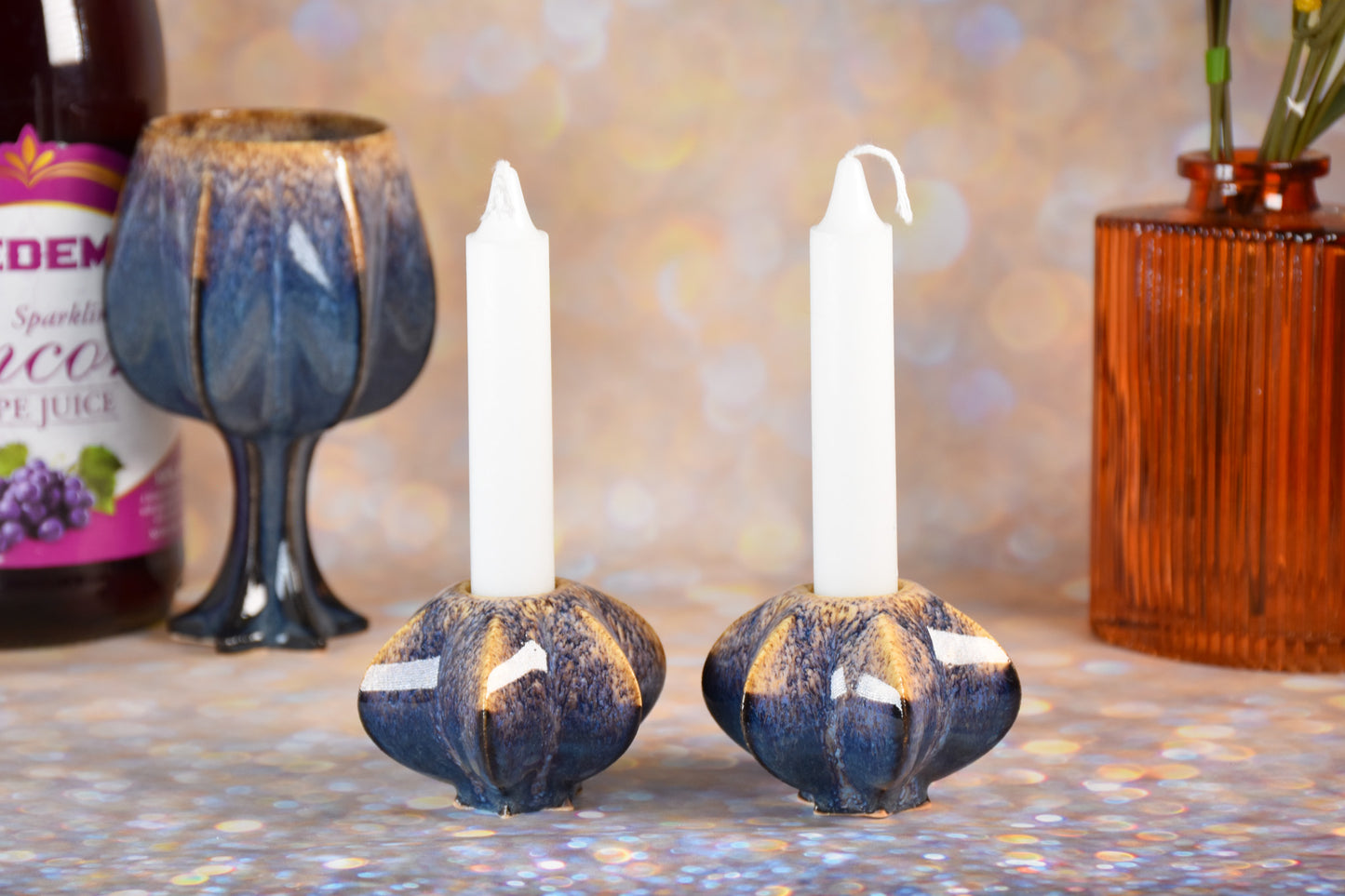 Shabbat Candle Pair - Gold and Blue