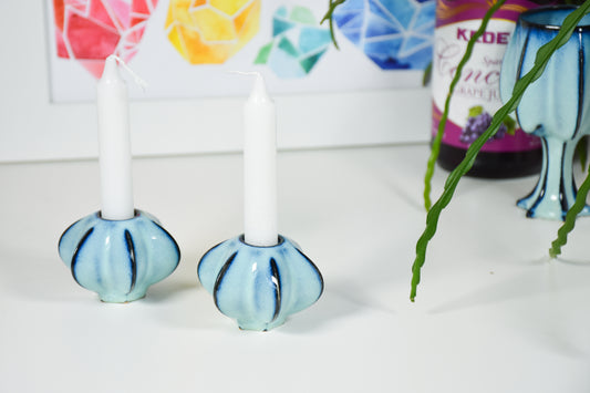 Handmade ceramic shabbat candle titled 'Shabbat Candle Pair - Baby Blue' – modern Judaica by Feldi Studios