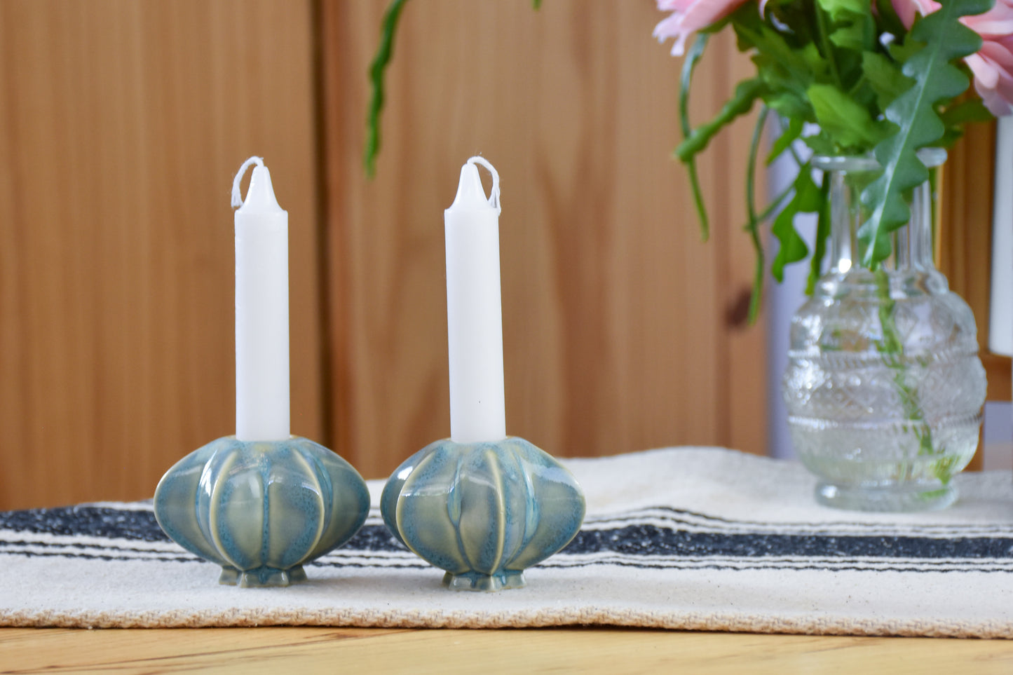 Shabbat Candle Pair - Blue and White