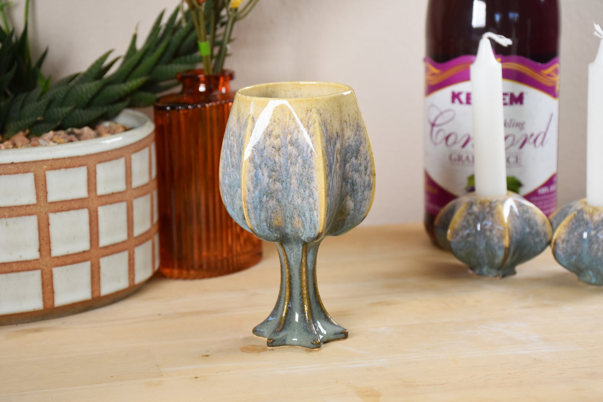 Stemmed Shabbat Kiddush Cup - Handmade modern kiddush cup in gold and green glaze