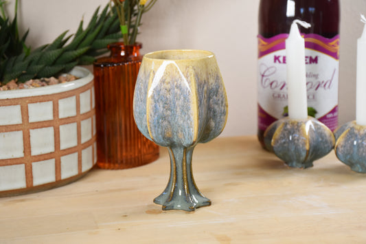 Stemmed Shabbat Kiddush Cup - Handmade modern kiddush cup in gold and green glaze