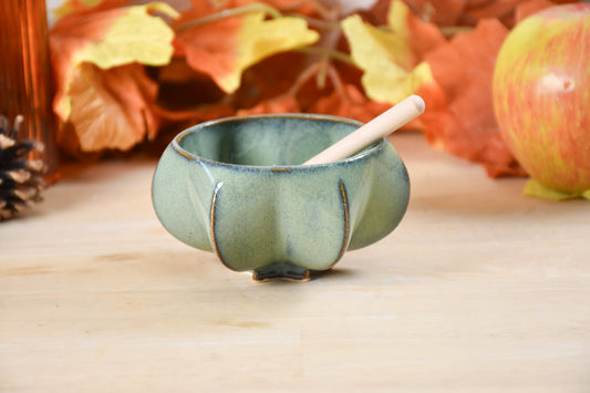 Pom Honey Pot – handmade ceramic Rosh Hashanah honey bowl in washed denim glaze. 